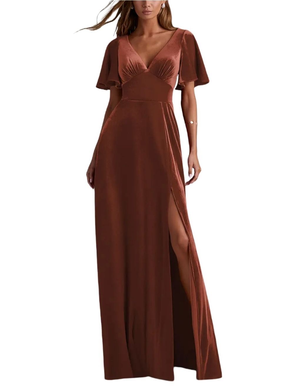 Azazie Womens Terracotta Brown Kimber Stretch A-Line Velvet Maxi Dress Size 2